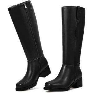 Women’s Black Knee High Boots Platform Chunky Block Heel Riding Tall Boots